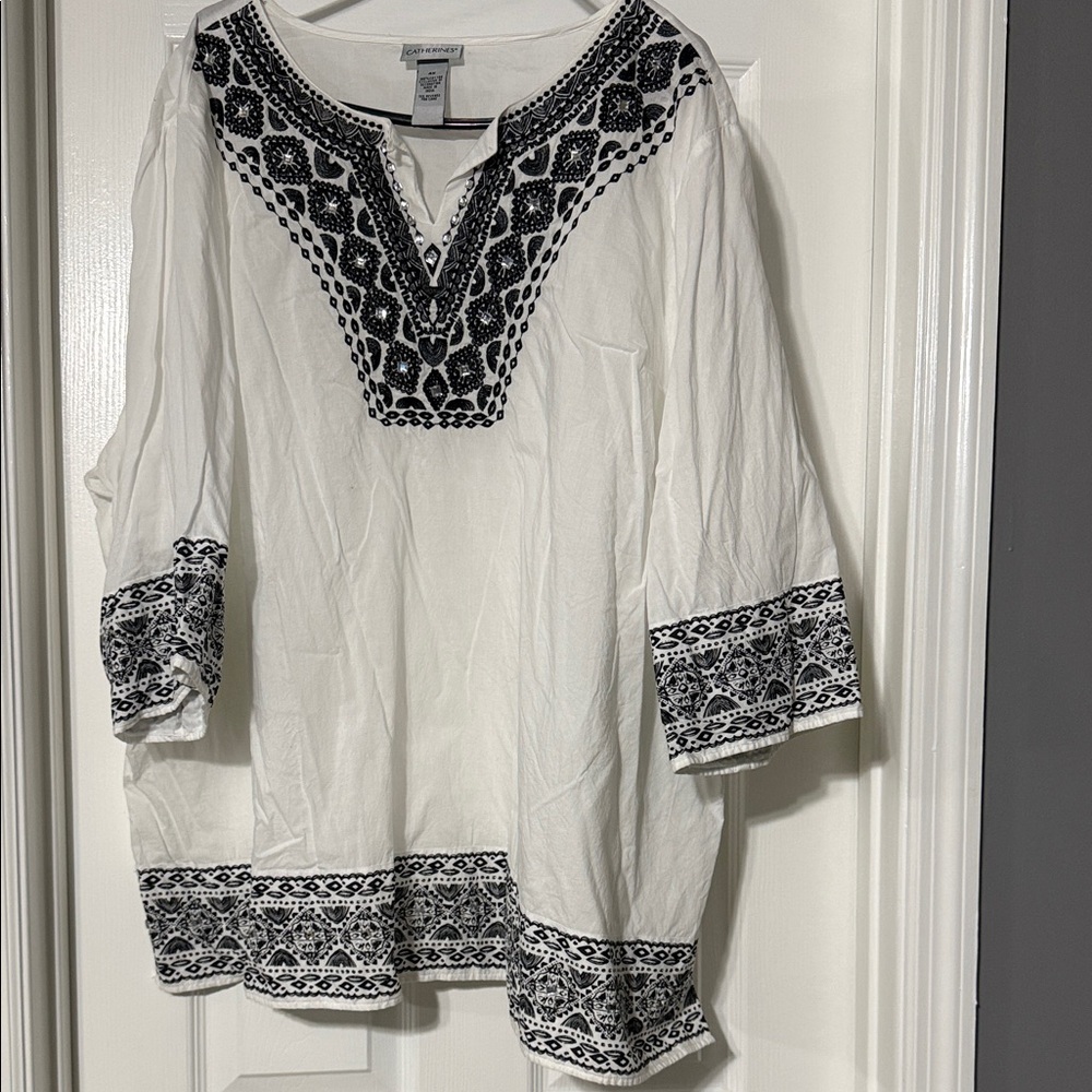 Catherines Ivory Tunic with Intricate Black Patterns